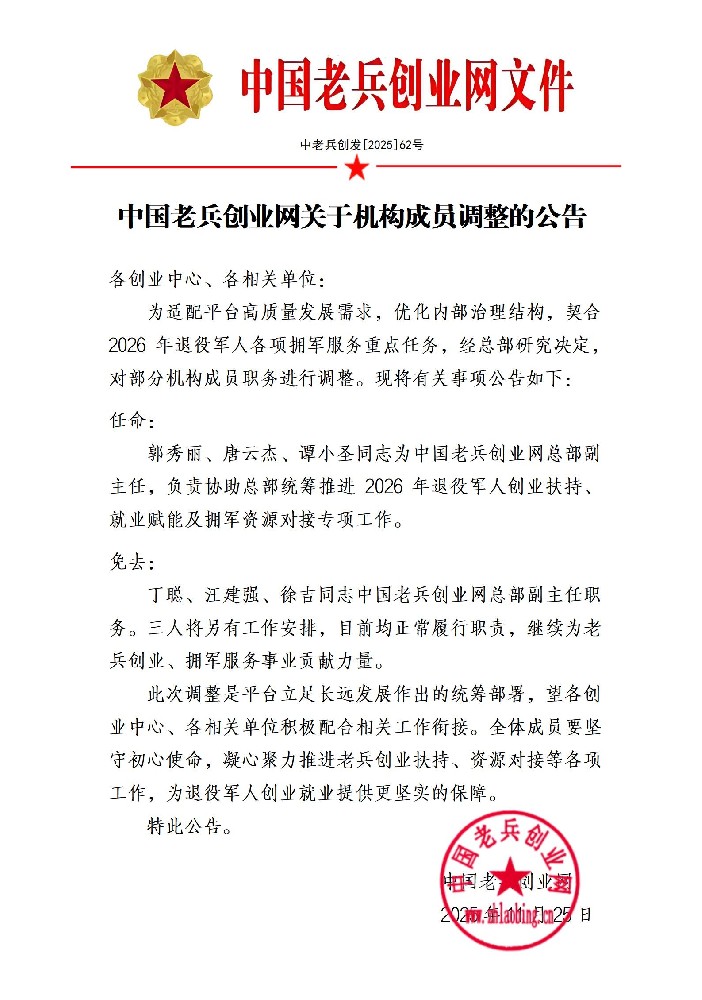 中国老兵创业网关于机构成员调整的公告