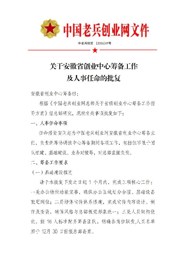 关于安徽省创业中心筹备工作 及人事任命的批复